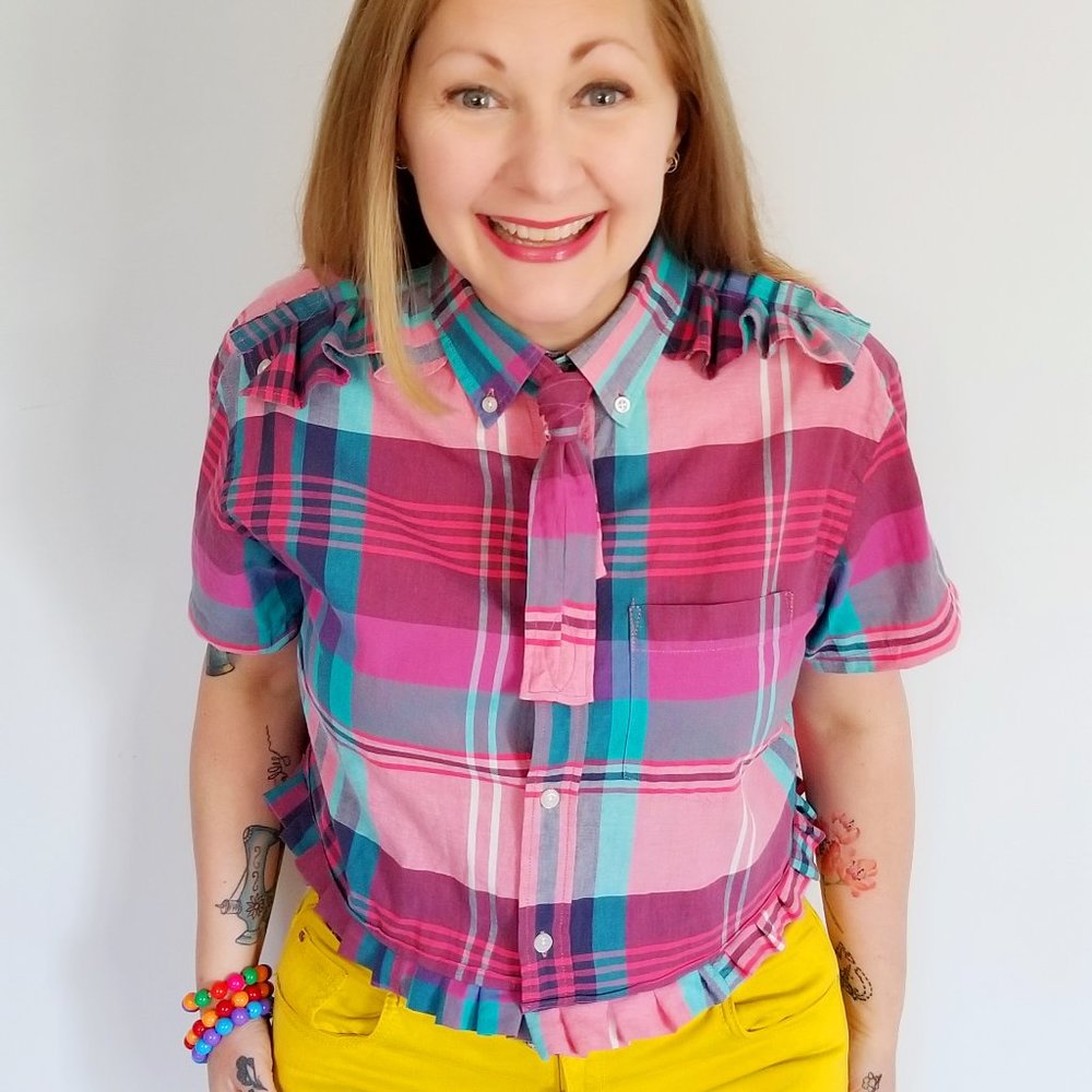 Refashioned Ruffled Plaid Blouse (M/L)